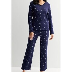 Croft & Barrow Pajama Set Womens Medium Navy Blue Bow Print 2pc Sleepwear
